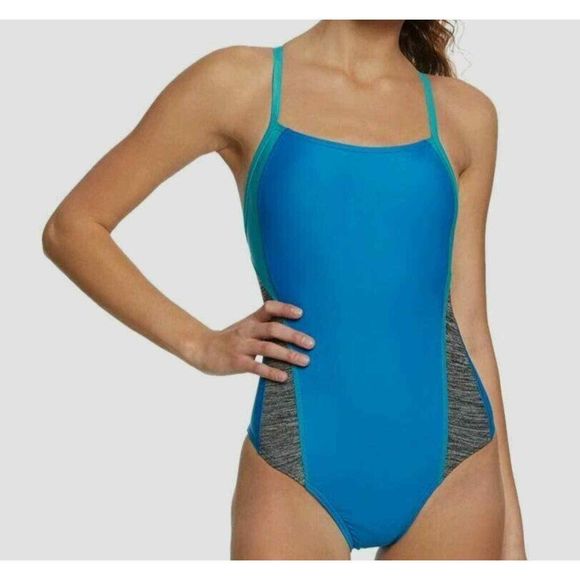 $49 Speedo Women's Blue Splice Flyback One-Piece Swimsuit Size 24 - Picture 3 of 3
